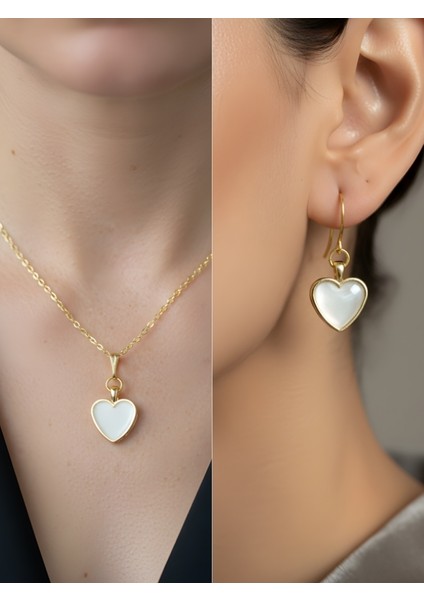 Sedef Kalp Detay Kadın Kolye Küpe Set