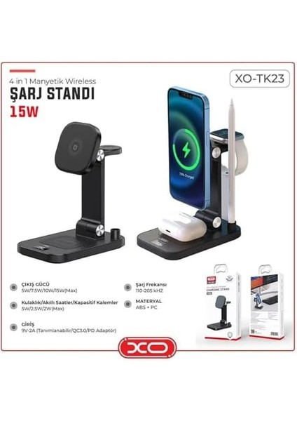 Xo 4&apos;lü Kablosuz Şarj Istasyonu, 15W Telefon, 5W Kulaklık, 2.5W Saat, 2W Stylus Kalem Şarj Destekli, ile Uyumlu, Tek Istasyonda Şarj, Metal Gövde, LED Ekranlı, TK23, Siyah modelleri