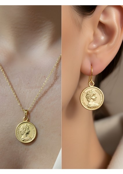 Antik Medallion Detay Kadın Kolye Küpe Set