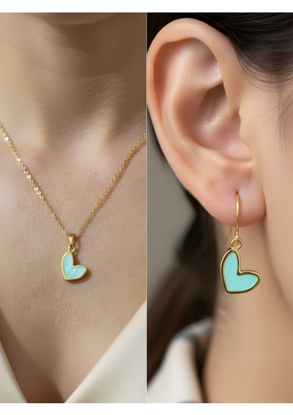 Mint Kalp Detay Kadın Kolye Küpe Set