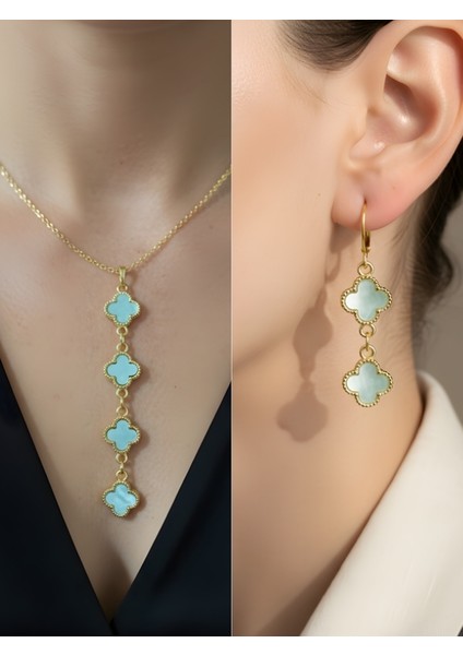 Mavi Dört Yaprak Detay Kadın Kolye Küpe Set