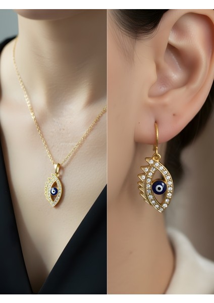 Taşlı Nazar Göz Detay Kadın Kolye Küpe Set