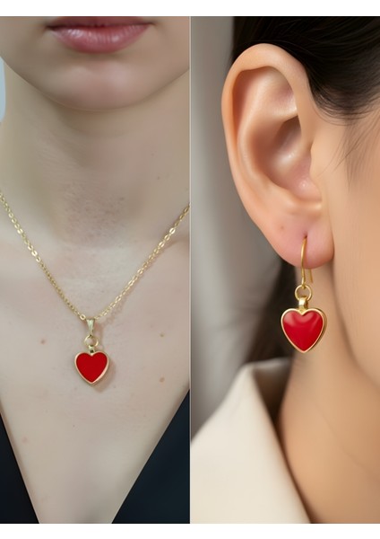 Kırmızı Kalp Detay Kadın Kolye Küpe Set