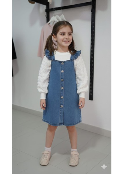 Incilay Kız Çocuk Kot Jile Elbise Beyaz Body Takım