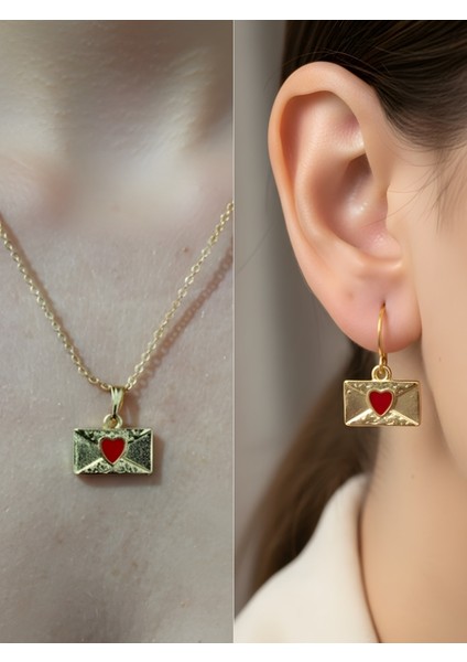 Kalpli Mektup Detay Kadın Kolye Küpe Set