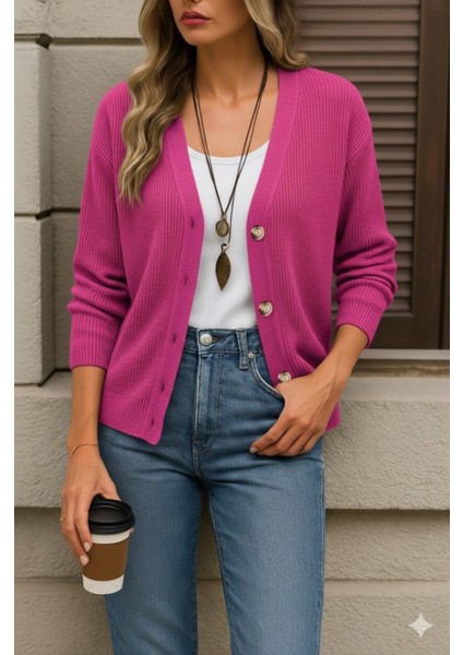 Kadın Uzun Kollu Düğme Detay Triko Bluz