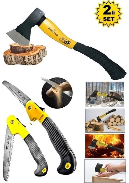 Revello Fiber Saplı Balta Nacak Kamp Odun Kesme Katlanır Budama Testeresi El Testeresi 2'li Set