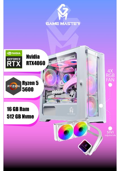 Full Sistem Set Hydra 4060 Ryzen 5 5600 Cpu 16GB Ram 512GB M.2 RTX4060 27" 165hz Monitör Sıvı Soğutuculu Beyaz Gaming Pc modelleri