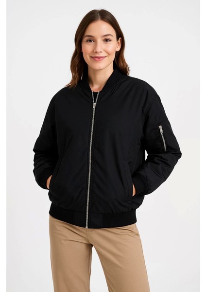 Içi Astarlı Fermuarlı Bomber Mont Ceket - Siyah modelleri