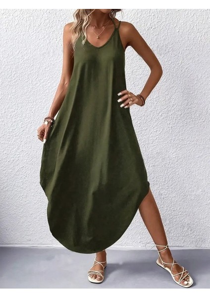 Kadın Askılı V Yakalı Uzun Viskon Elbise modelleri