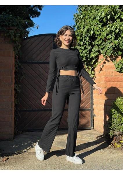 Kadın Yandan Bağlamalı Geniş Paçalı Fitil Kaşkorse Ikili Takım