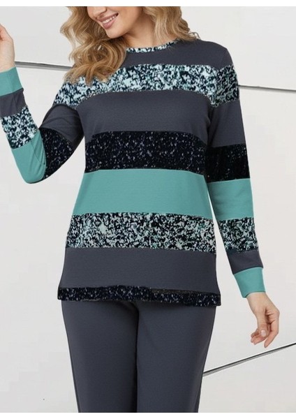 Kadın Uzun Kollu Bisiklet Yaka Çizgili Desen Iki Iplik Bluz ve Pantolon Ikili Takım fiyatları