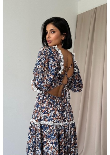 Desenli Sırtı Dekolteli Brode Elbise modelleri