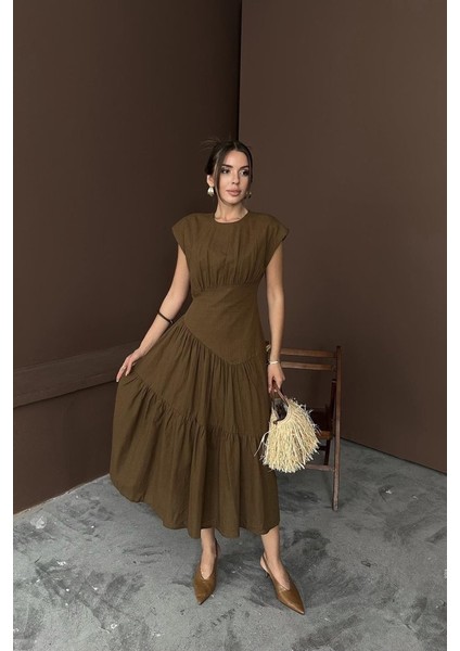 Kahverengi Büzgü Detaylı Keten Elbise modelleri