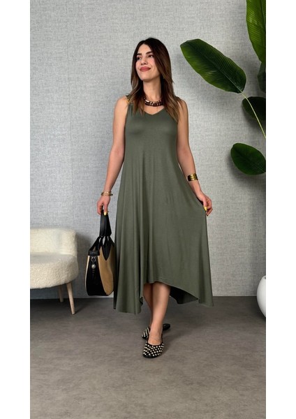 Kadın Çan Dokuma Kumaş V Yaka Asimetrik Kesim Elbise