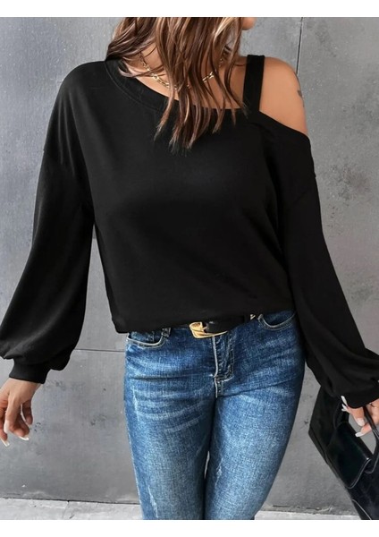 Buğrahayalin Kadın Uzun Kollu Tek Omuz Askı Detay Salaş Viskon Iki Iplik Bluz modelleri