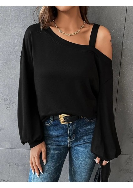 Buğrahayalin Kadın Uzun Kollu Tek Omuz Askı Detay Salaş Viskon Iki Iplik Bluz