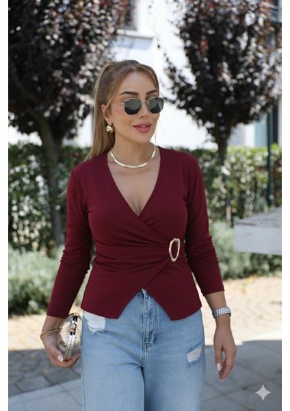 Buğrahayalin Kadın Uzun Kollu Kruvaze Yakalı Toka Detaylı Viskon Bluz fiyatları