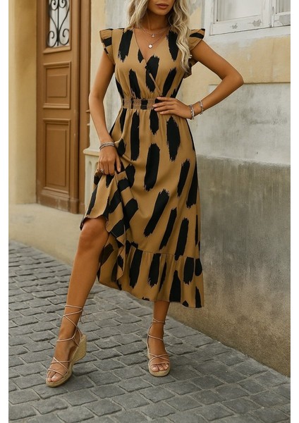 Kadın Kısa Kollu Kruvaze Yakalı Fırfırlı Süprem Elbise fırsatları