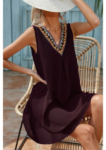 Kadın Sıfır Kol Şerit Detaylı V Yaka Viskon Elbise