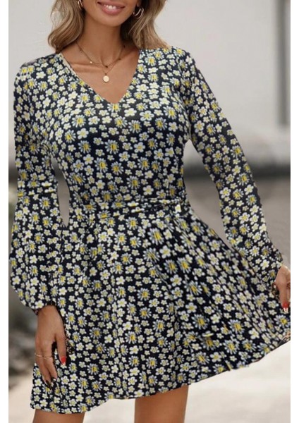 Kadın Uzun Kollu V Yaka Çiçek Desenli Helen Kumaş Elbise