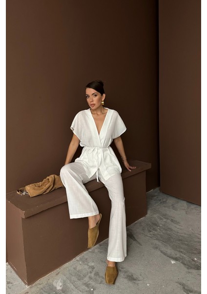 Keten V Yaka Belden Bağlamalı Bluz-Pantolon Takım - Beyaz