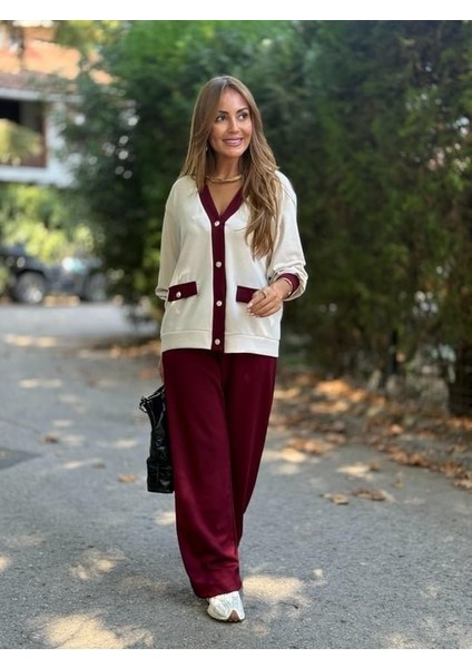 Kadın Uzun Kollu Ribanali Cep Detay Hırka ve Bol Paça Pantolon Ikili Takım modelleri