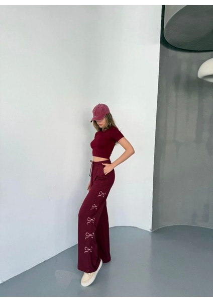 Osy Modal Yumuşak Dokulu Kumaş Nakış Işlemeli Rahat Bol Paça Eşofman Pantalon - Bordo