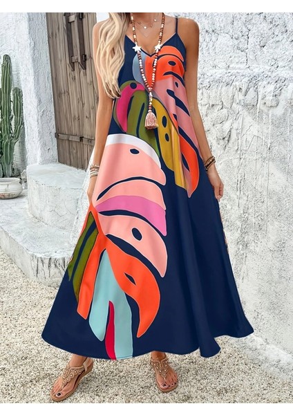 Kadın Ip Askılı V Yakalı Desenli Süprem Maxi Elbise modelleri