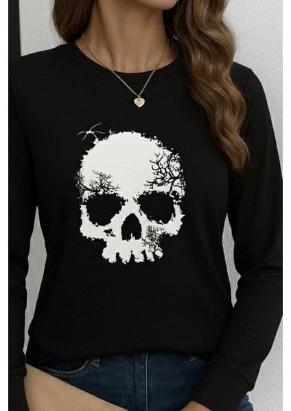 Kadın Uzun Kollu Bisiklet Yaka Kurukafa Desenli Viskon Bluz