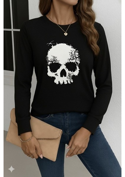 Kadın Uzun Kollu Bisiklet Yaka Kurukafa Desenli Viskon Bluz fiyatları