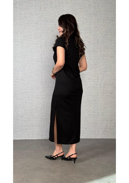 Kadın Kısa Kollu Yakalı Yandan Yırtmaçlı Viskon Iki Iplik Elbise modelleri