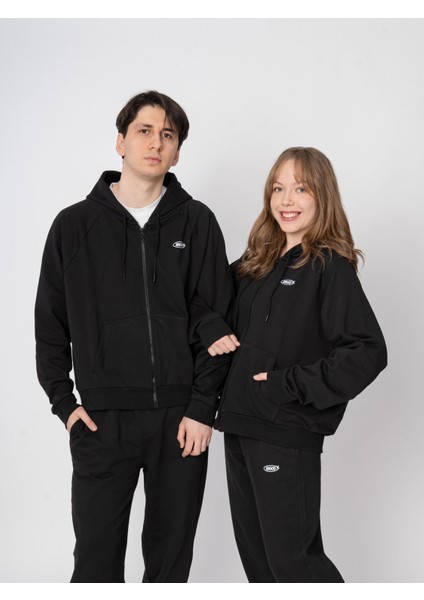 Unisex Oversize Fermuarlı Kapüşonlu Siyah Basic Sweatshirt