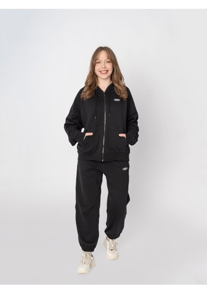 Unisex Oversize Fermuarlı Kapüşonlu Siyah Basic Sweatshirt