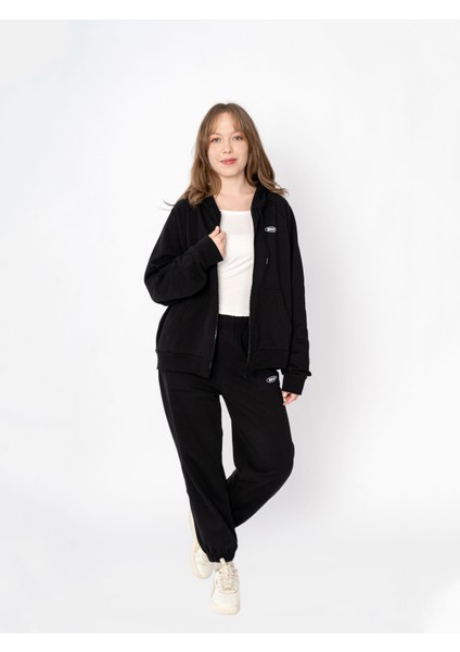 Unisex Oversize Fermuarlı Kapüşonlu Siyah Basic Sweatshirt