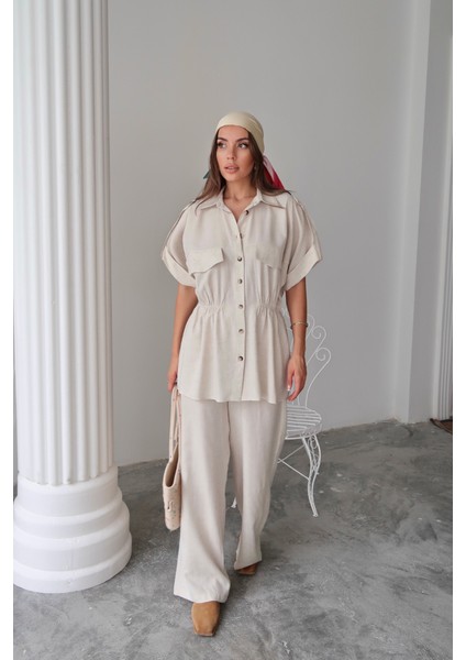 Keten Belden Büzgü Detaylı Gömlek - Pantolon Takım - Taş fırsatları