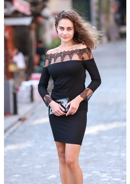 Kadın Uzun Kollu Dantel Detay Madonna Yaka Prenses Elbise