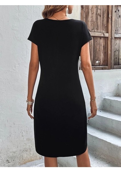 Kadın Kısa Kollu Bisiklet Yaka Viskon Iki Iplik Elbise