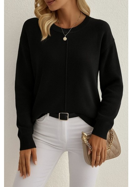 Kadın Uzun Kollu Bisiklet Yaka Düşük Omuz Detaylı Triko Bluz