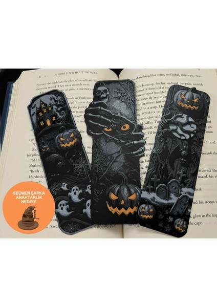 Halloween Kabartmalı Kitap Ayracı 3lü Set ( Hp Seçmen Şapka Anahtarlık Hediyeli )