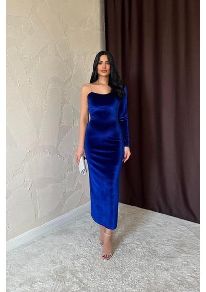 Saks Tek Omuzlu Taş Askılı Elbise