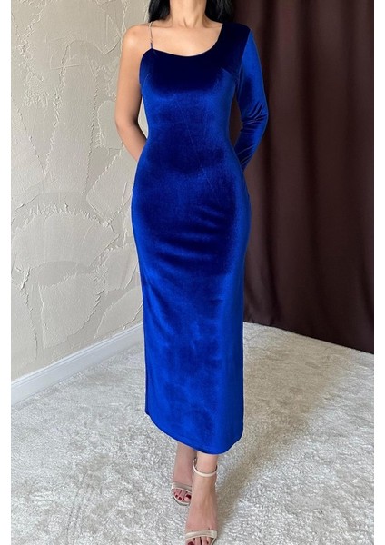 Saks Tek Omuzlu Taş Askılı Elbise modelleri