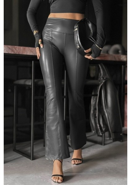 Kadın Yüksek Bel Paçaya Doğru Geniş Deri Pantolon modelleri