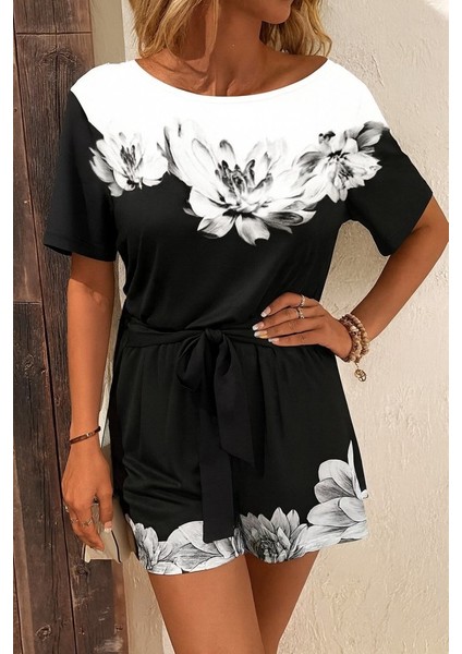 Kadın Tek Omuzu Açık Çiçek Desenli Beli Kuşaklı Iki Iplik Mini Short Tulum modelleri