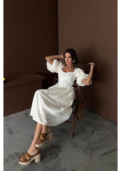 Ekru Balon Kollu Dantelli Brode Elbise fırsatları