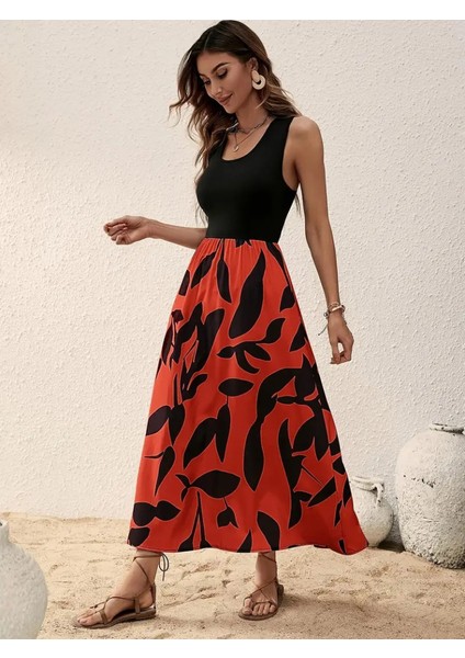 Kadın Askılı Yuvarlak Yaka Üst Viskon Alt Desenli Uzun Süprem Elbise fiyatları