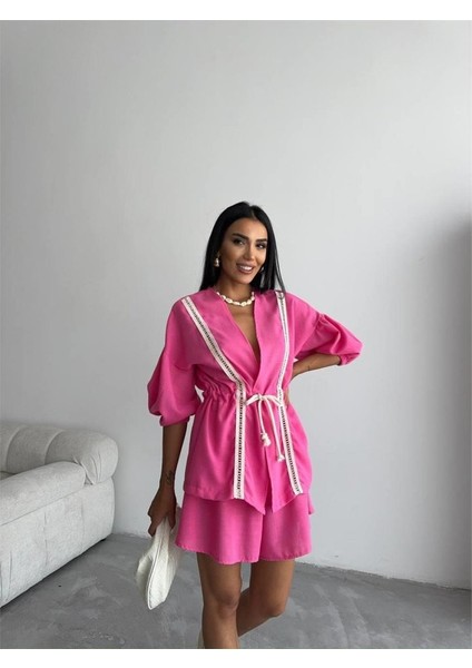 Keten Bel Büzgülü Bluz-Pantolon Takım - Fuşya