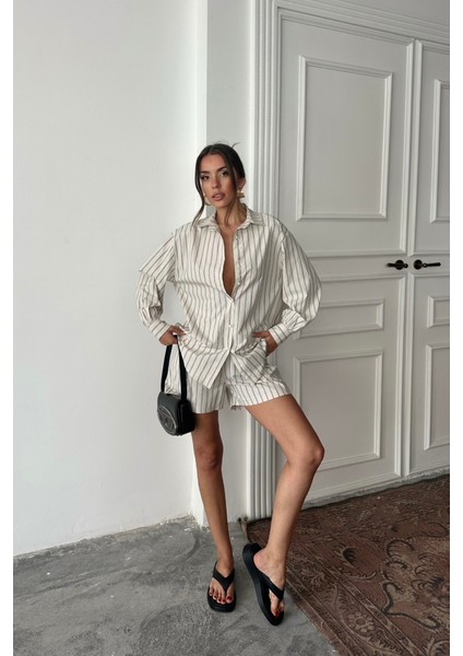 Poplin Çizgili Gömlek - Şort Takım - Bej modelleri