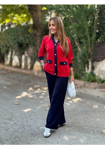 Kadın Uzun Kollu Ribanali Cep Detay Hırka ve Bol Paça Pantolon Ikili Takım modelleri