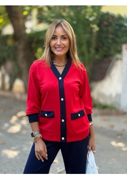 Kadın Uzun Kollu Ribanali Cep Detay Hırka ve Bol Paça Pantolon Ikili Takım